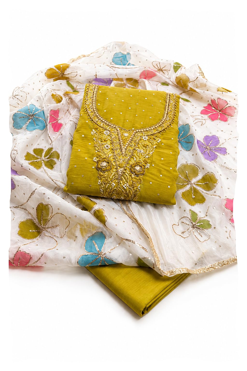 latest pure chanderi cotton with moti and beads hand work and embroidery work dress With contarast Organza position print dupatta dress material-image-38