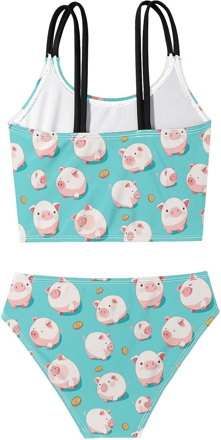 visesunny Girls Two Piece Swimsuits Pink Coin Cartoon Pig Girl's Bikini Sets Bathing Suits for Girls Size 5-12Y