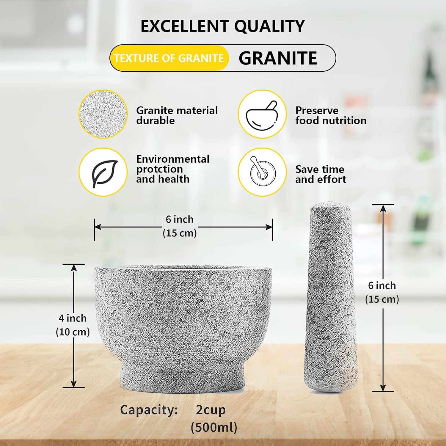 Mortar and Pestle Set,6 Inch 2 Cups 100% Unpolished Granite Mortar and Pestle Large-Easy to Clean&No Pieces of Shedding,for Crushing/Grinding-Guacamole,Salsa and Pesto,Non-Slip Mat: Home & Kitchen
