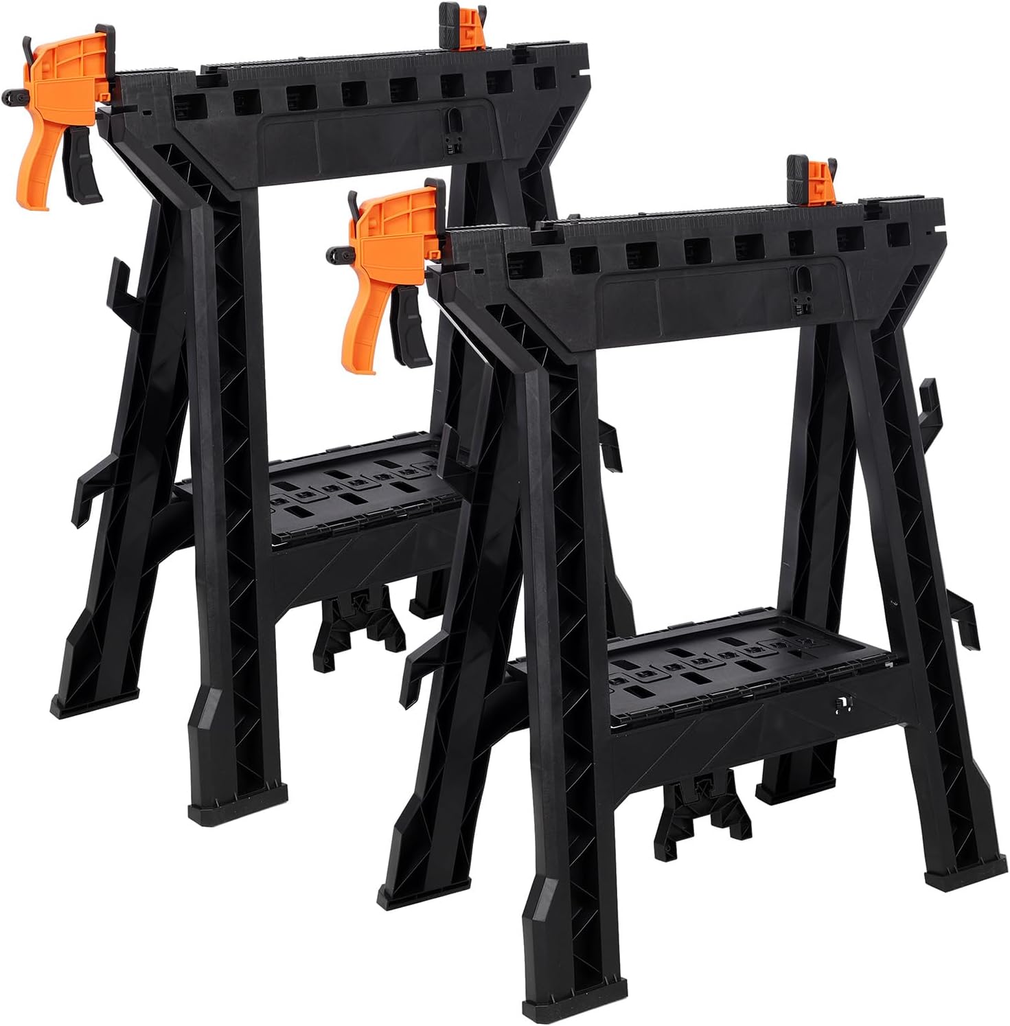 Folding Clamping Sawhorse Set of 2, 2200 LBS Capacity Heavy Duty Work Support Stand, Portable Plastic Sawhorse with Integrated Bar Clamps & Power Strip Holder, Fully Assembled for Garage Workshop DIY