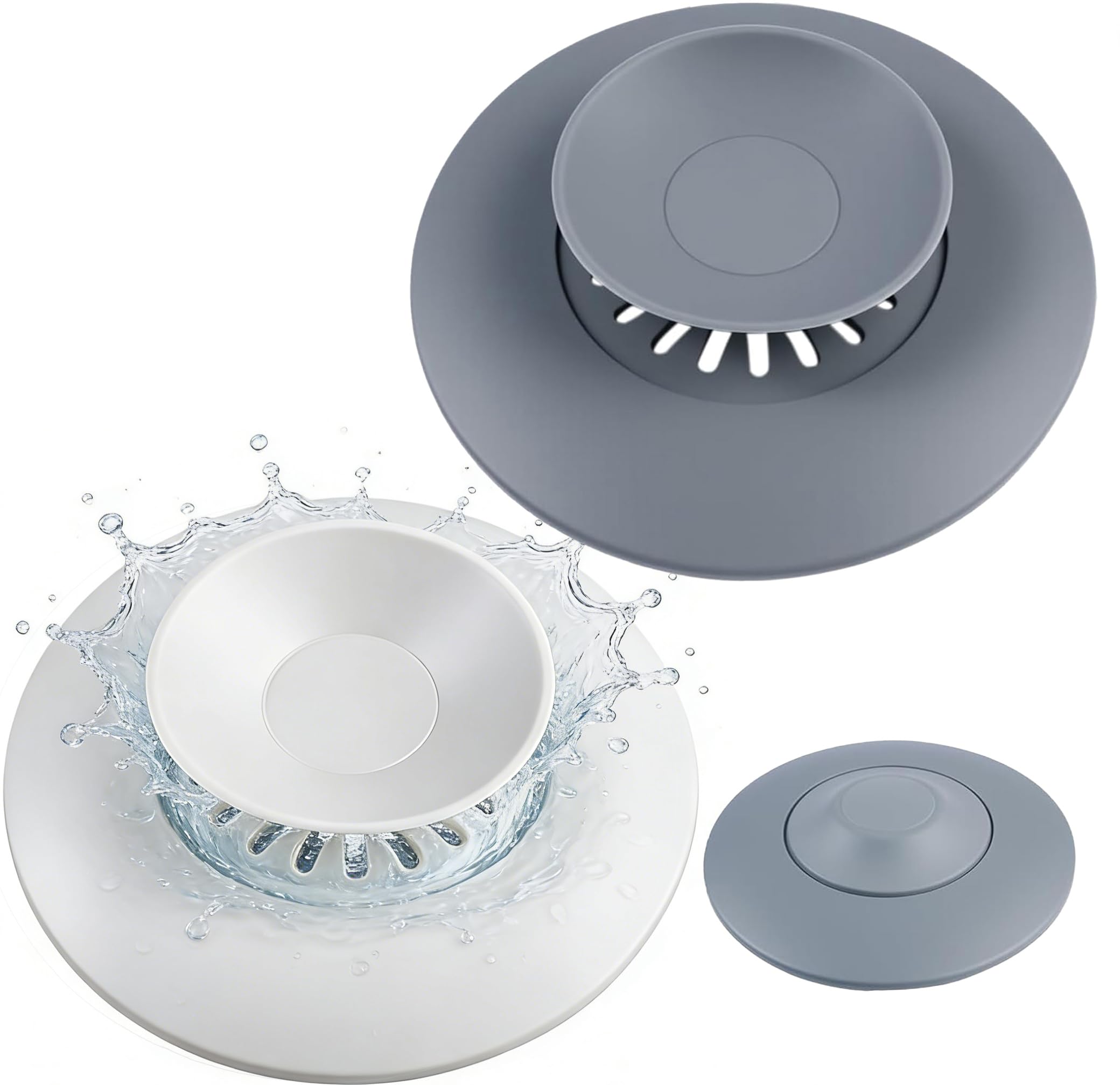 2 Pieces Universal Bath Plug, Silicone Sink Strainer 11 x 11 cm Kitchen Sink Plug Replacement, Bath Drain Cover with Press Hair Catcher, Bathtub Stopper for Bathroom Sink Plugs(Grey and White)