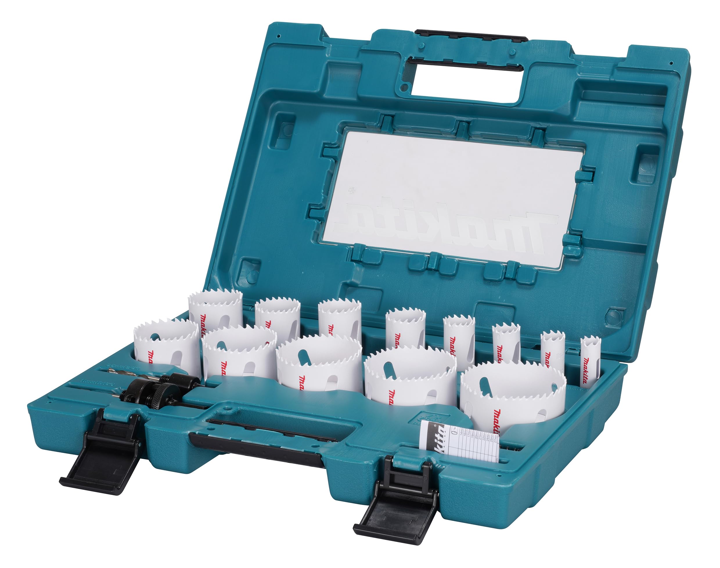 Makita BiM D-63993 - Set di 16 seghe a tazza in valigetta di plastica, seghe a tazza bimetalliche diametro 16-76 mm, profondità di taglio 38 mm, per legno, metallo, alluminio, plastica