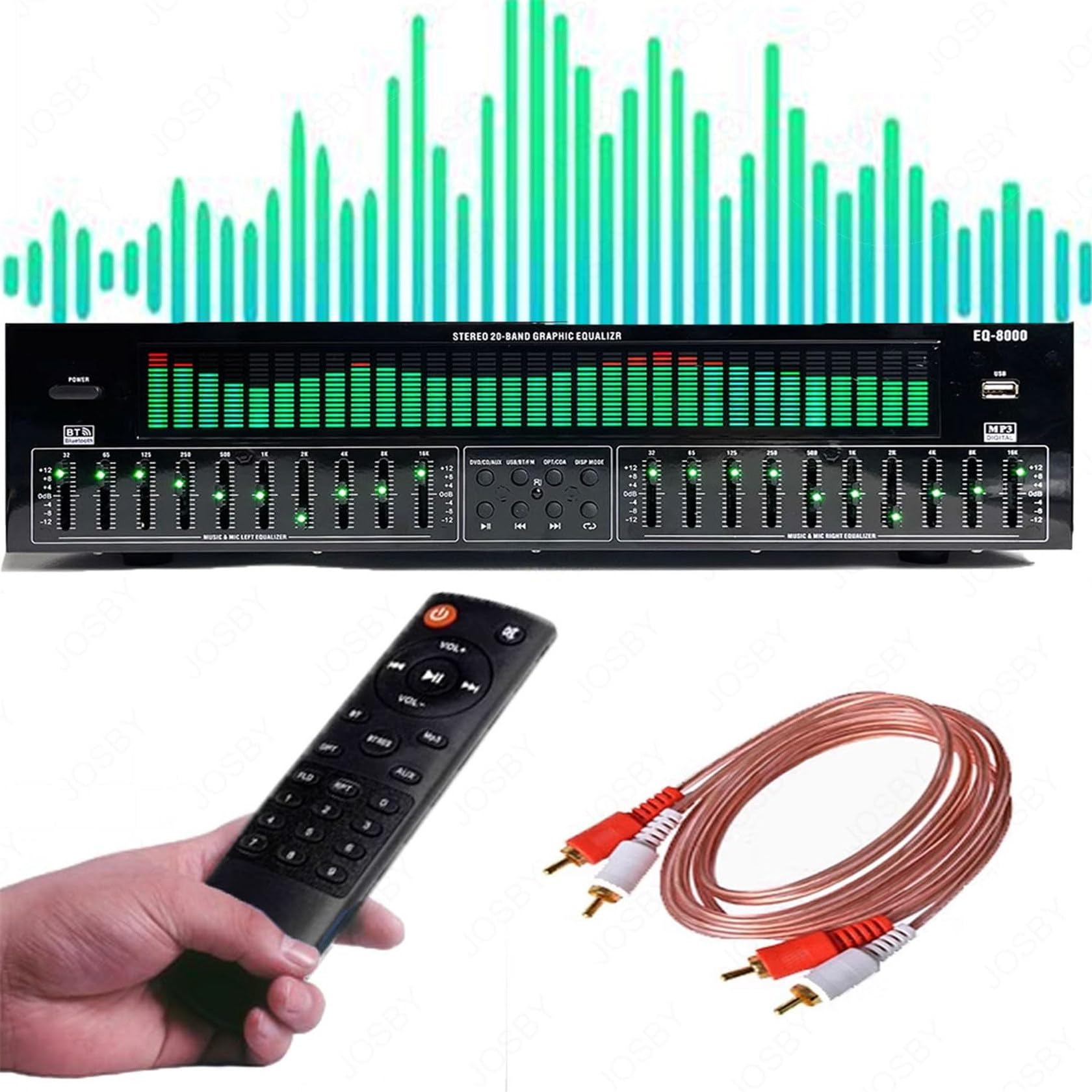 Processore audio karaoke digitale, equalizzatore audio domestico, equalizzatore stereo Display livello di frequenza in tempo reale, doppia sintonizzazione indipendente a 10 bande, 12 modelli di ritmo