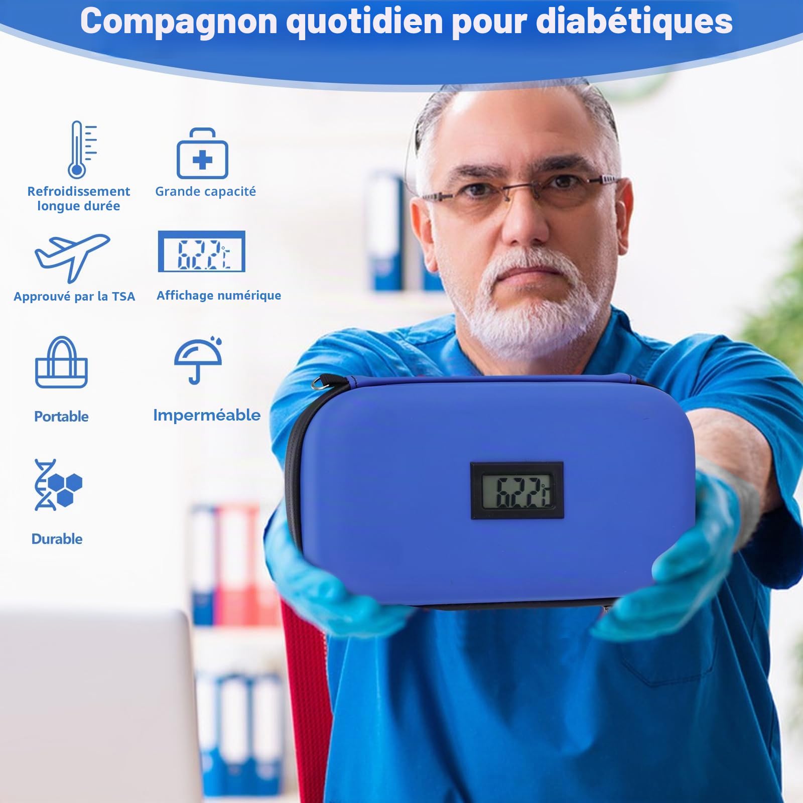 Glacière à insuline approuvée par la TSA pour Voyage avec thermomètre, Affichage de la température, Sac de Voyage pour diabétique avec 2 Blocs réfrigérants réutilisables pour Voyage