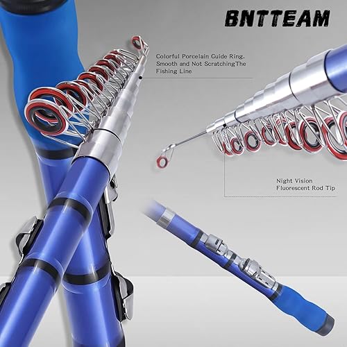 Miniatura 2 de Juego de caña de pescar giratoria y carrete portátil, caña de pescar de fibra de carbono con punta fluorescente, con línea de señuelos de pesca,