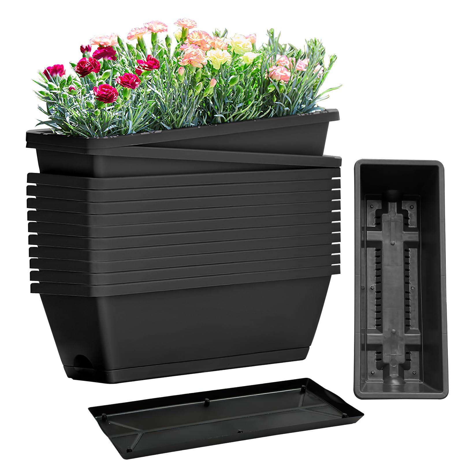 Lot de 12 jardinières rectangulaires avec trous de drainage et plateaux pour rebord de fenêtre, jardin, balcon - Noir