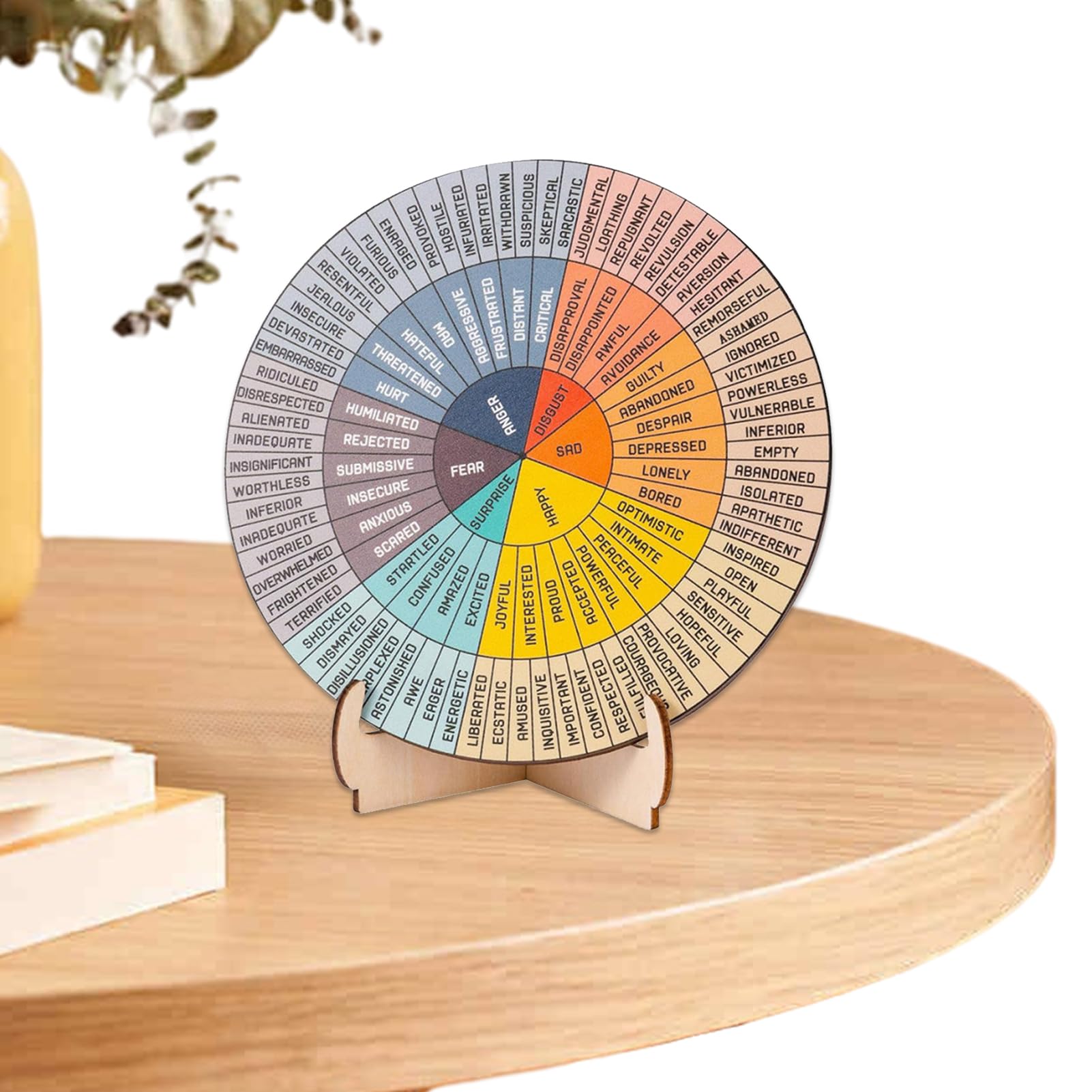 Feelings Wheel With Stand – Tableau d'humeur rond en bois, affichage des émotions double face | Aide visuelle en bois avec indicateur d'émotion, outil de bureau therpi, de l'humeur quotidienne