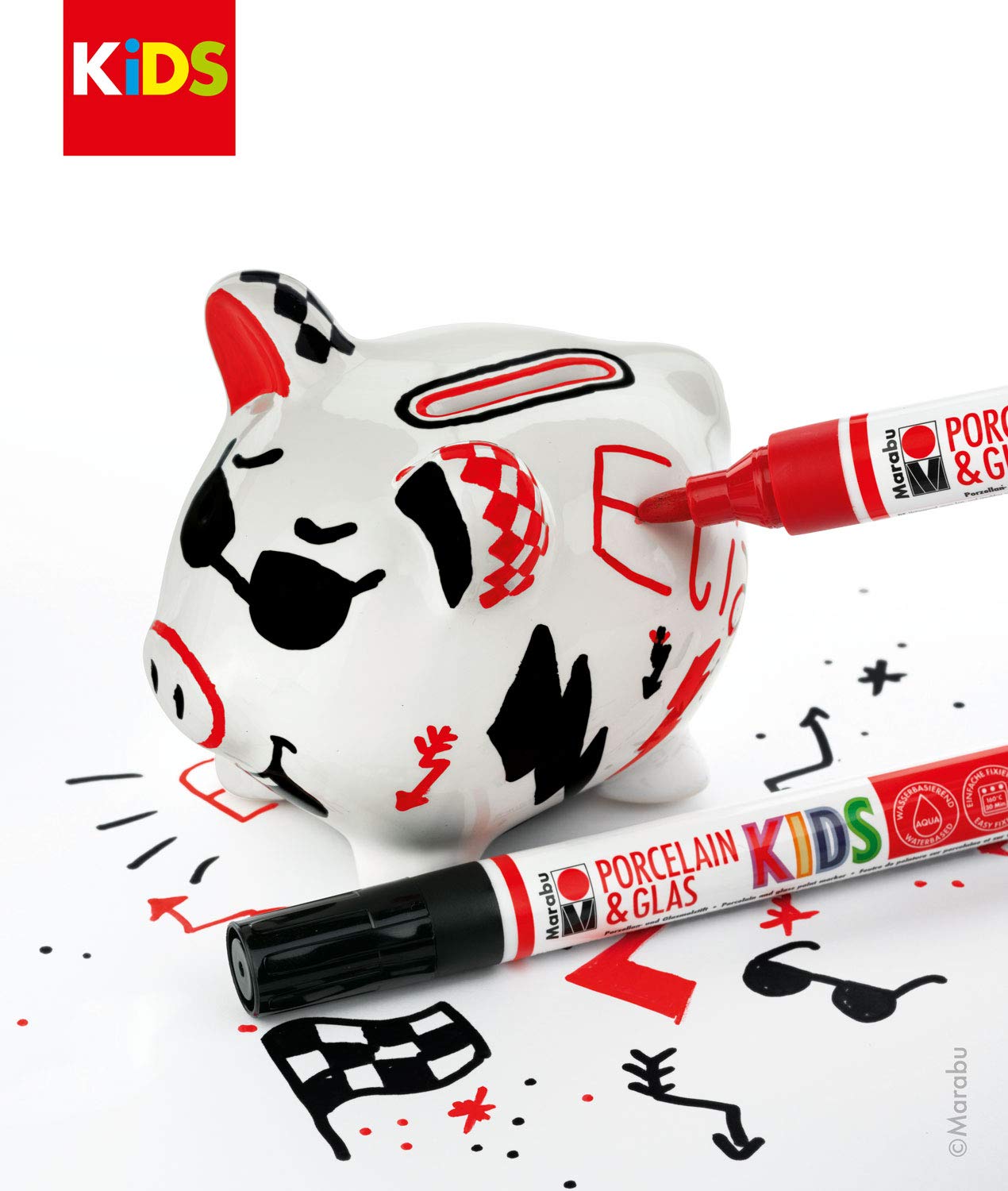 Marabu 0125000000100 – KiDS Painter, zestaw do malowania i malowania skarbonki, zabawna świnka porcelanowa do malowania i ozdabiania pisakami porcelanowymi dla dzieci