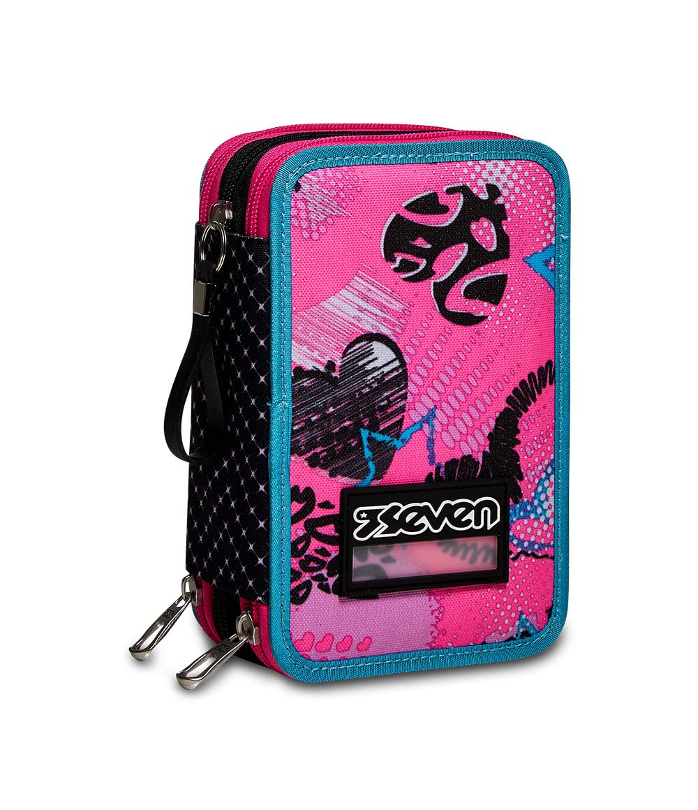 Seven Astuccio Scuola 3 Zip, Rosa Fantasia a Cuori, Glamheart Girl, Portapenne Triplo Scomparto con Matite, Penne e Colori, Accessori Zaino, Scuola, Bambina Ragazza