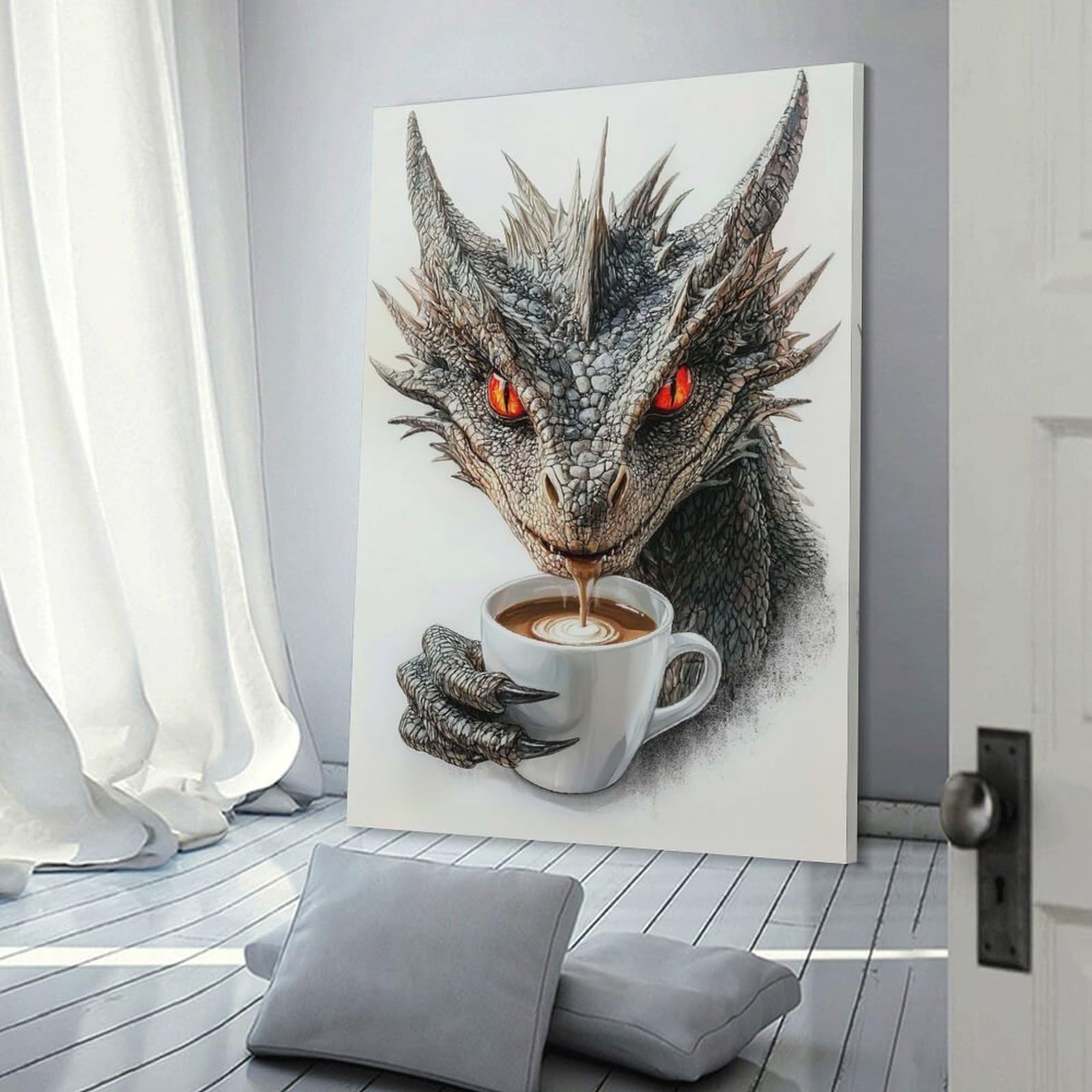 Junmoney Dragon Coffee Canvas Wall Picture, 20x30inch(50x75cm), for Wall Displays, Bedrooms Or Room Updates, Wall Decor Suited to Curated Displays