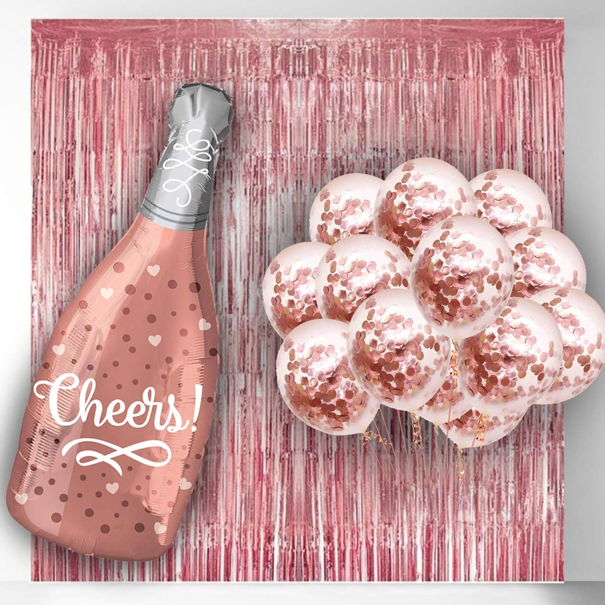 Rozi Decoration® Party Decorations Combo Set with Cheers Bottle Confetti & Balloons, Foil Fringe Curtain for Bridal/Birthday/Anniversary/Farewell Party (Rose Gold Cheers)