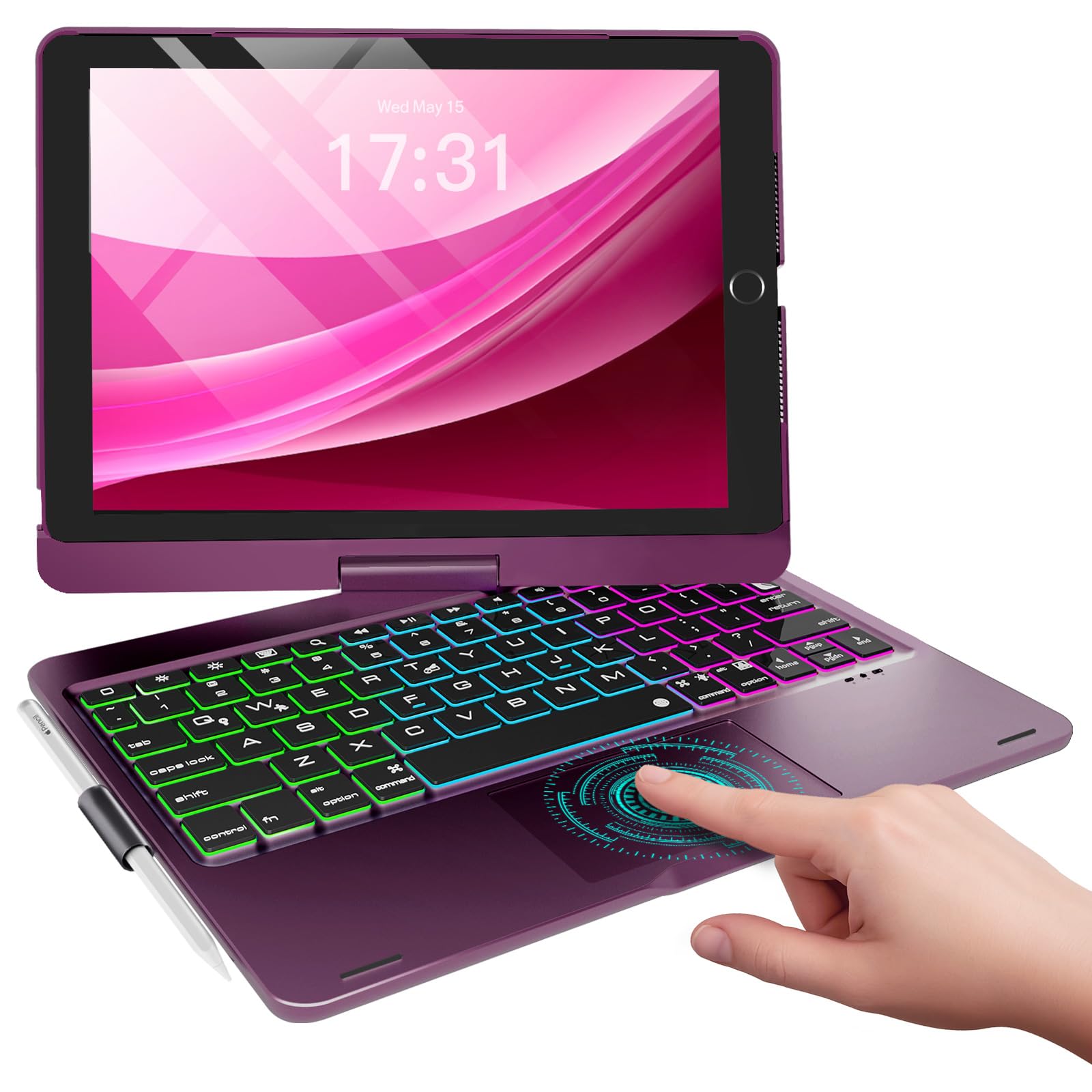 Baisla iPad 9th Generation Case with Keyboard 10.2" (2021), 360° Rotatable with Trackpad & Rainbow Backlit, iPad Keyboard case for 9th/8th/7th, iPad Air 3, iPad Pro 10.5 (Raspberry)