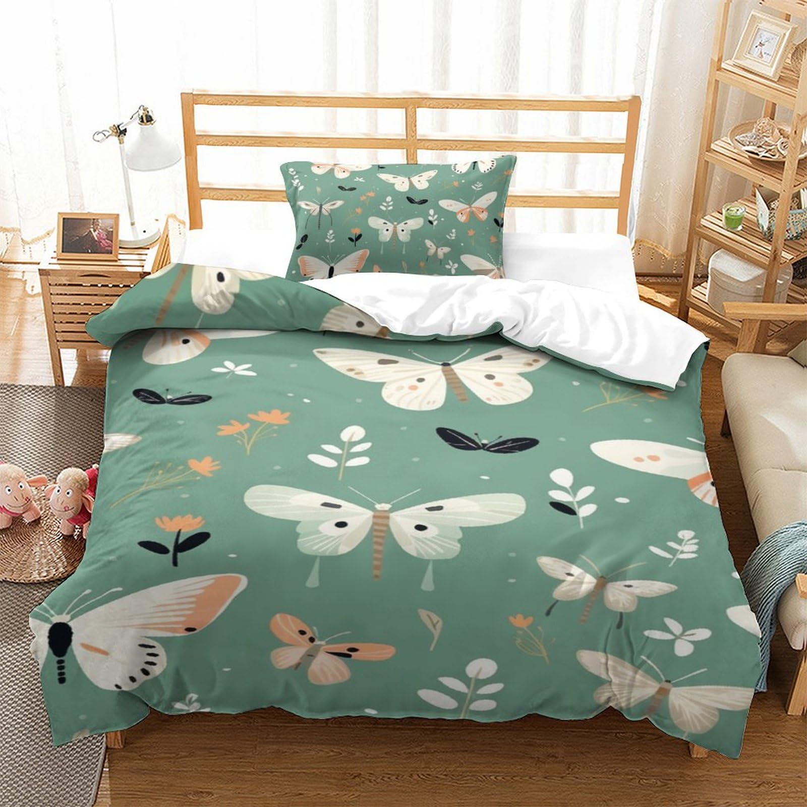 Parure housse de couette papillons 3D fermeture éclair, ensemble microfibre lit une place
