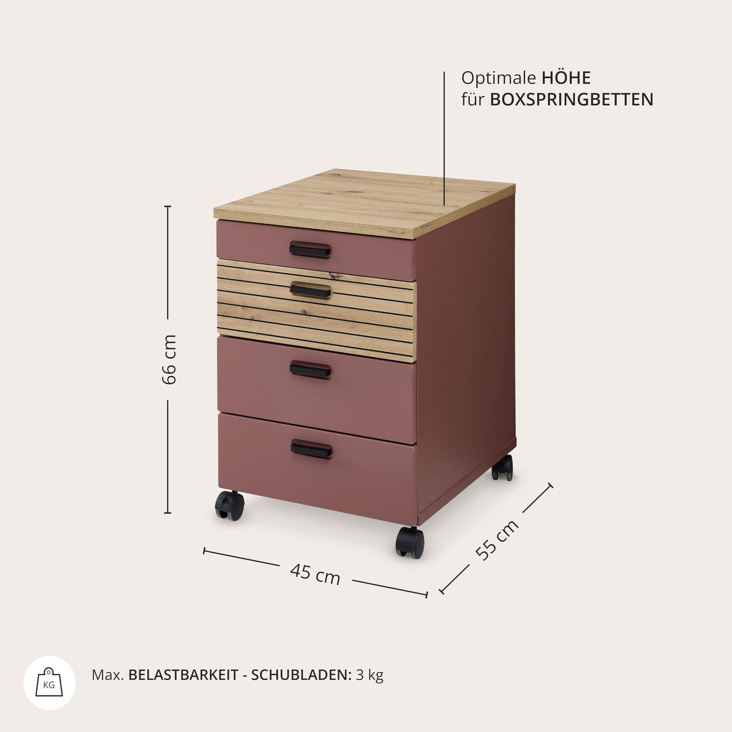 GLENN Rollcontainer Schreibtisch Rusty Red Artisan Eiche Optik | 45 x 66 x 55 cm (B/H/T), 4 Schubkästen, Lamellenoptik, 4 Rollen mit Bremse, abnehmbarer Sockel, Büro