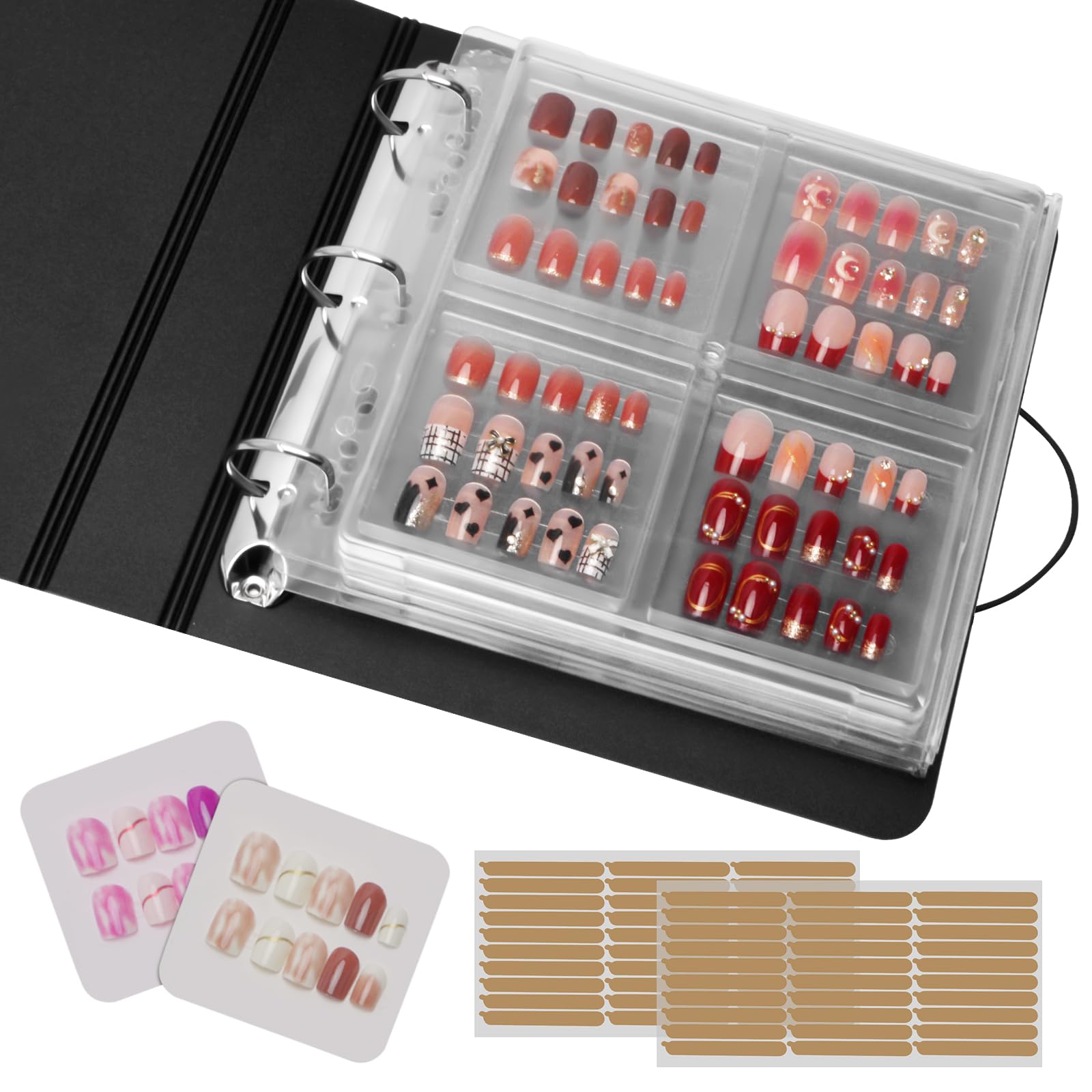CGBE Push On Nail Organizer - Upgraded Dust and Shockproof Protection Removable D Ring Binder Pages Nail Storage with Nail Tape-image-22