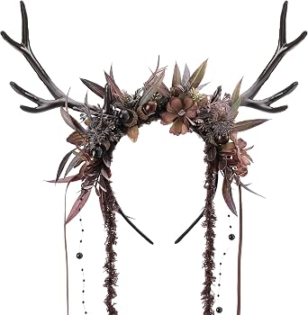 MOSTORY Flower Reindeer Headband for Women - Floral Antler Headpiece Woodland Deer Horns Hairband for Renaissance Cosplay