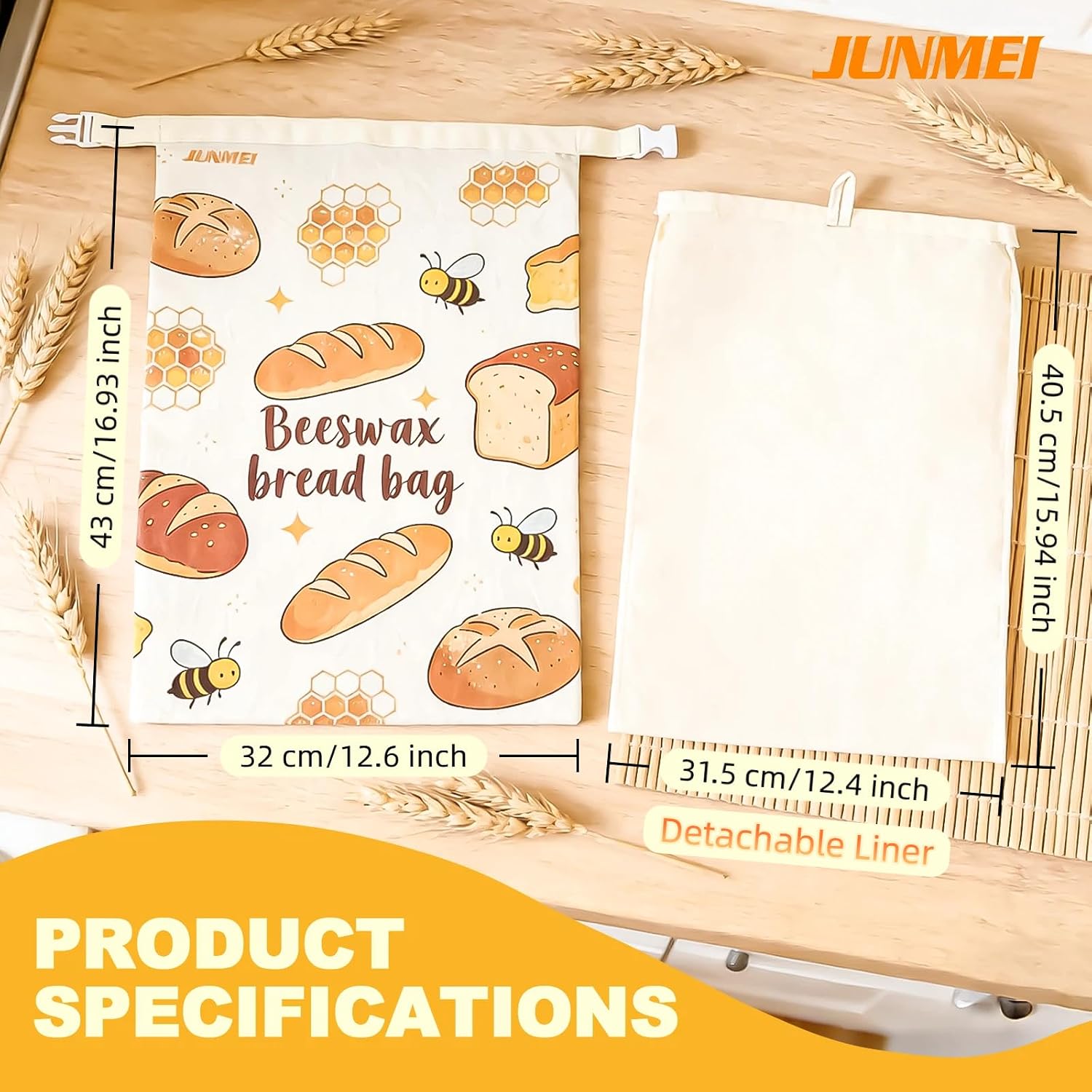 2 Pack Reusable Organic Beeswax Food Wraps, Honeycomb Organic Cotton Bread Storage Bags, Plastic Free Sourdough Bread Keeper, Freezer Safe 12.6x17 Inches, 2 Pack