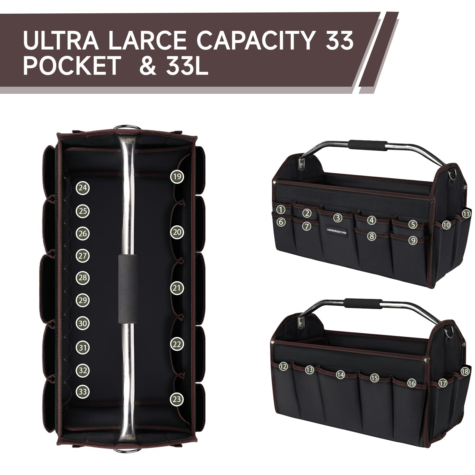 Portaherramientas de 20 pulgadas, bolsa de herramientas con parte superior abierta, 30 bolsillos, bolsa de herramientas impermeable para hombres, bolsa de herramientas plegable de boca ancha, con