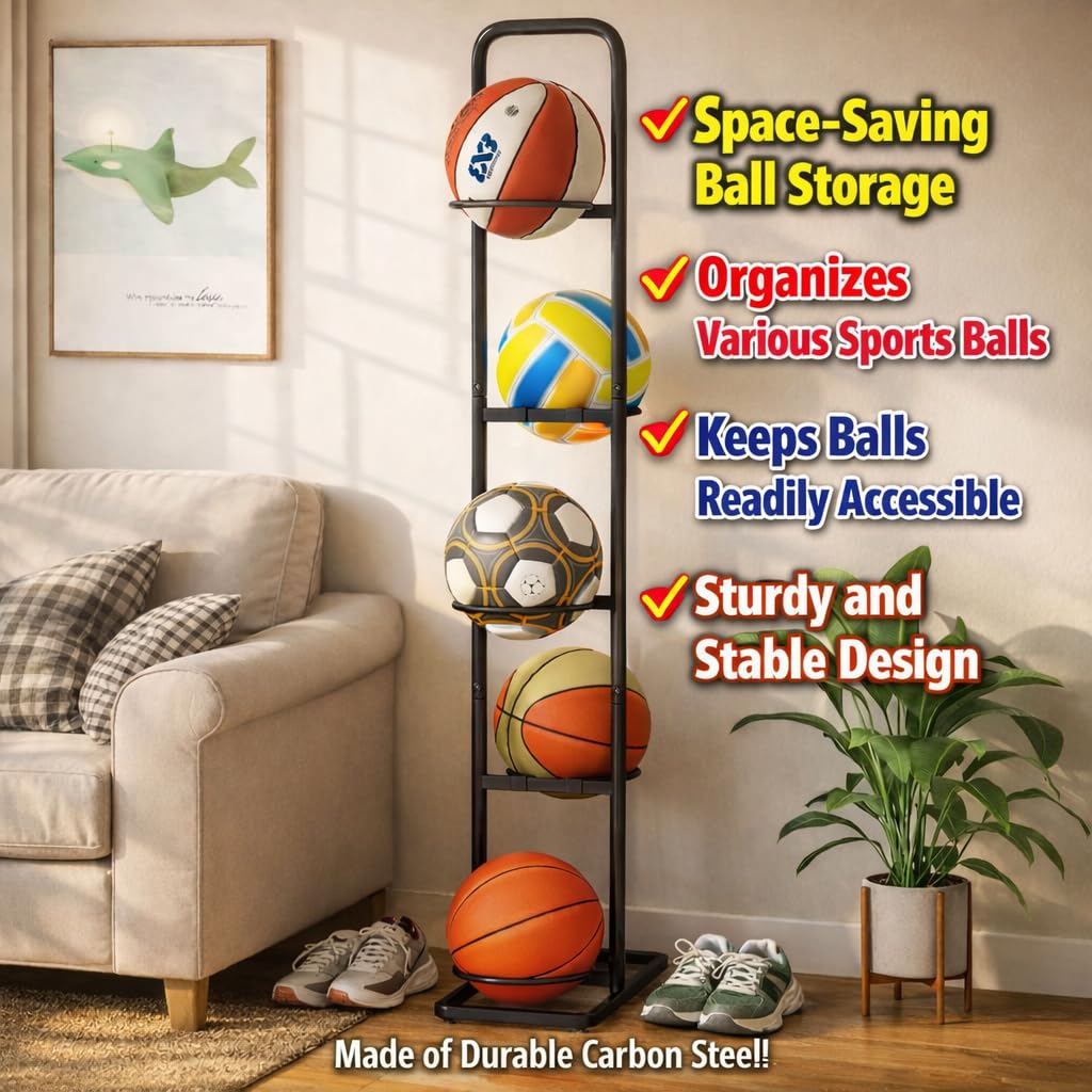 Soporte para Balones – Estante Vertical Universal de 5 Niveles en Acero al Carbono para Baloncesto, Fútbol, Rugby y Voleibol – Altura 144 cm, Negro