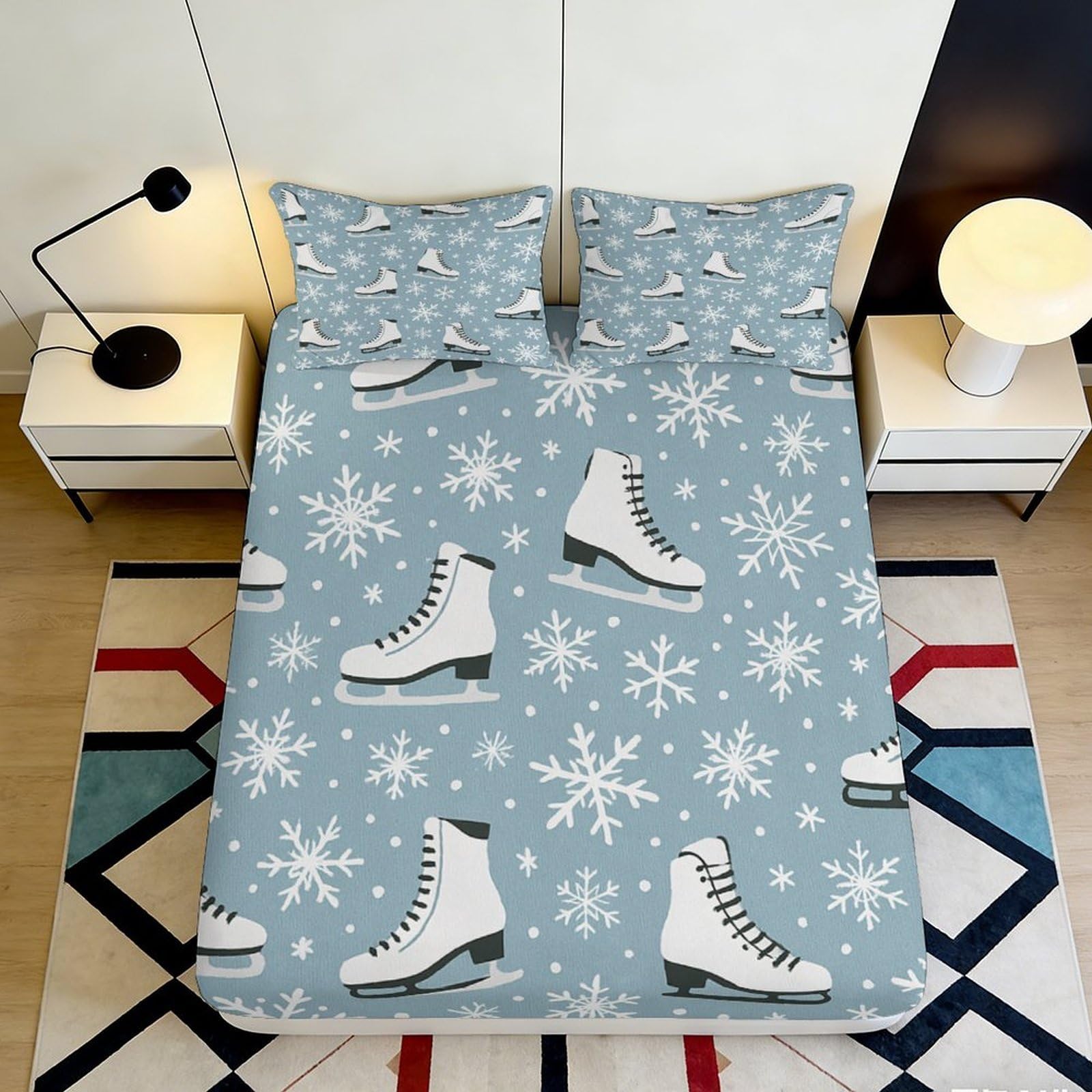 3D Printed Ice Skate Snowflake Fitted Sheet Microfiber Soft Blue Mattress Cover for Bedroom Guest Room Decor 90x200x25cm
