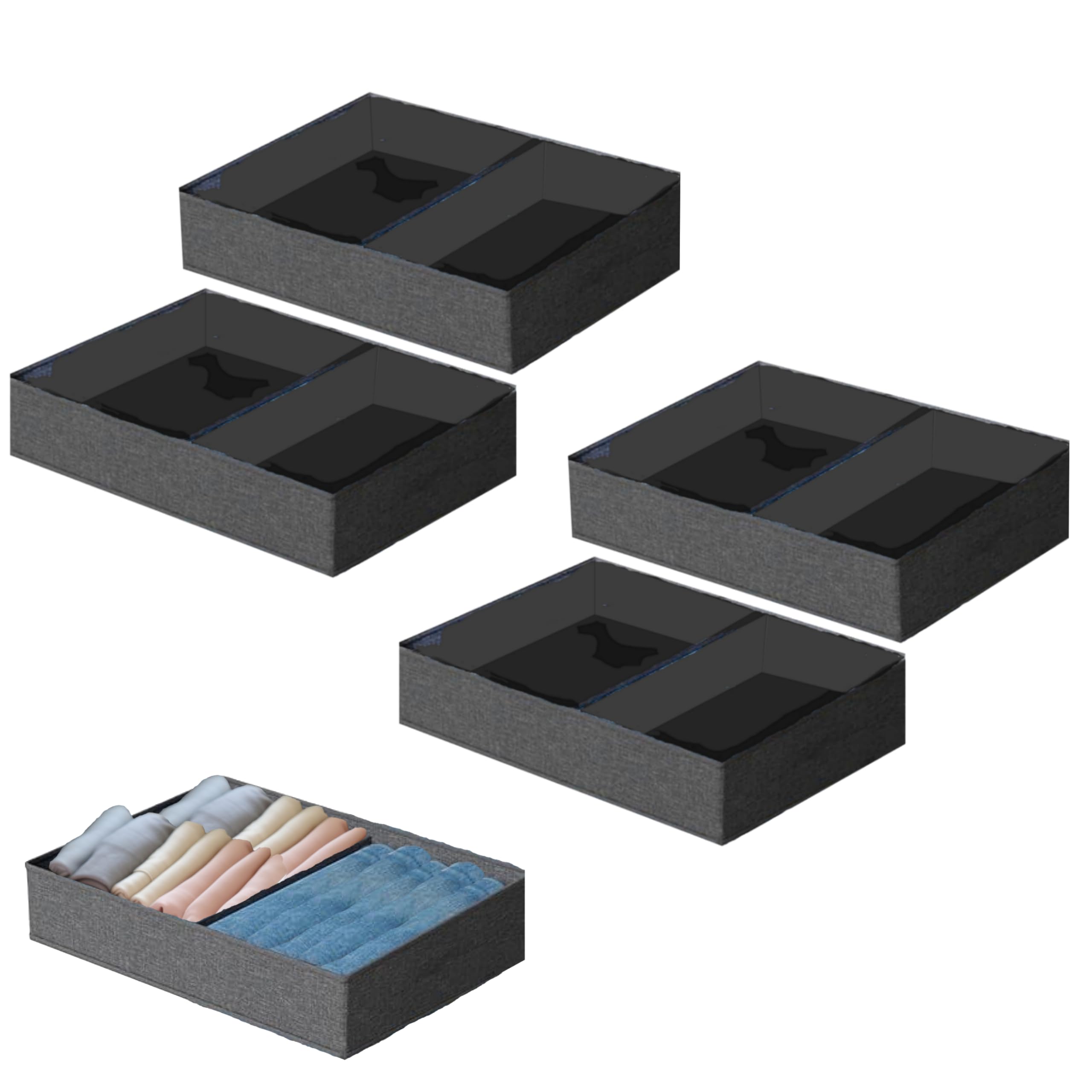 Lizzy Grey Twin Compartment Organisers 8.5X25x40cm | Drawer Organiser Divider Collapsible Wardrobe Organizer For Socks, Bra, Ties, Handkerchiefs Storage (4)