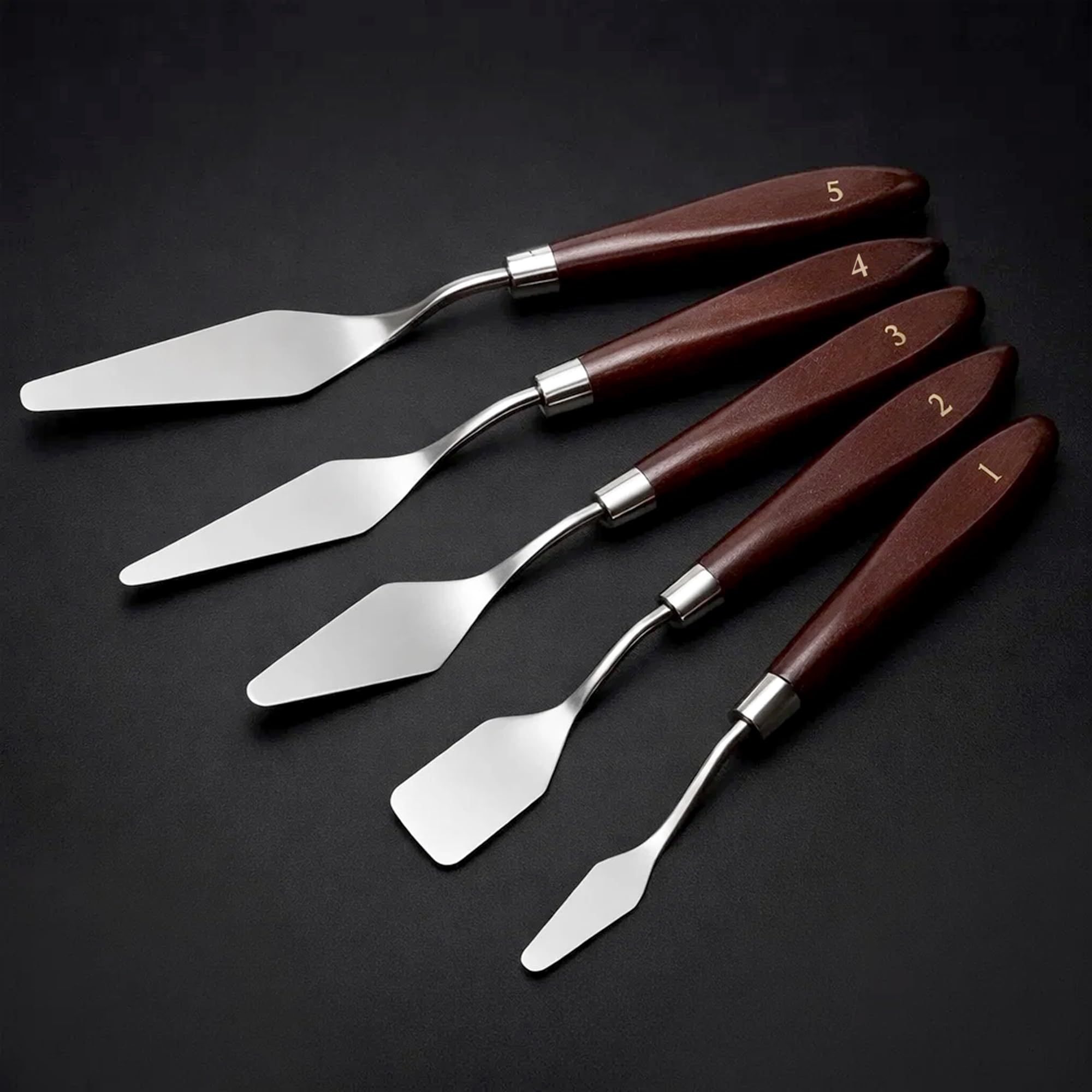 GLUN® Set of 5 Palette Knives for Painting, Various Size & Shape, Stainless Steel Spatula, Brown Number Polished Handle for Artist Canvas Oil Paint Color