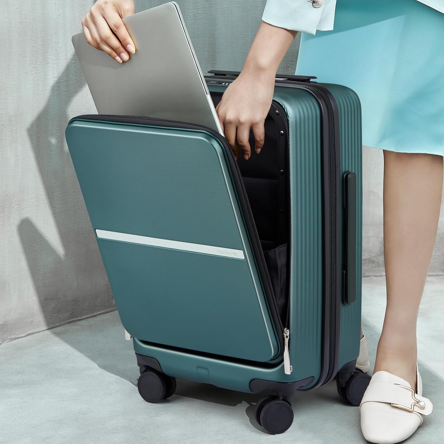 Hanke Carry On Luggage 22x14x9 Airline Approved - 20 Inch Durable PC Hard Shell Suitcase with Front Pocket, CarryOn Suitcase with Spinner Wheels, TSA Lock(Blackish Green, 32L)