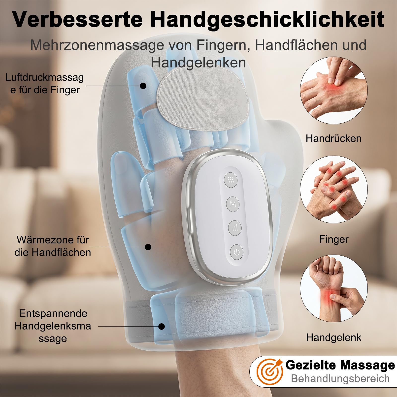 Handmassagegerät mit wärmefunktion - Wireless hand massagegerät, 3 Massagemethoden, 5 Druck und Luftdruckfunktionen, Elektrische hand massager, ideale Geschenke für Damen Herren