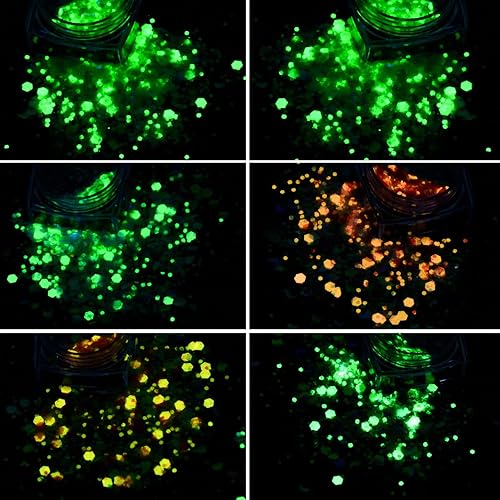 Miniatura 5 de Brillantina gruesa que brilla en la oscuridad, 12 cajas de purpurina iridiscente luminosa Tiffany rosa amarilla escamas para cara, ojos, cuerpo,
