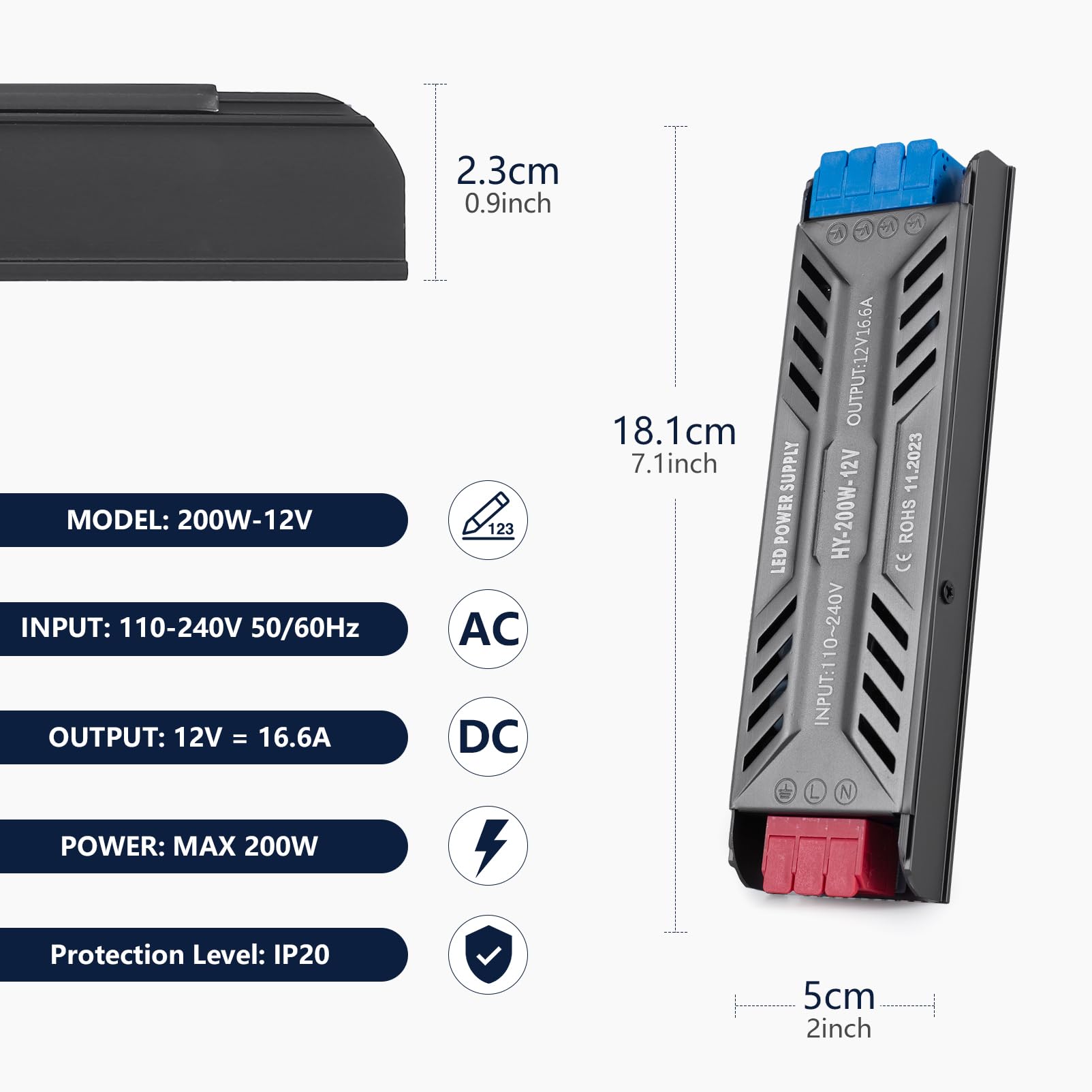 Zasilacz LED 12V 200W Transformator LED Trafo AC 230V Na DC 12V 16,6A Smukły Stałe Napięcie Sterownik LED Zasilacz Ultra Cienki Transfo Niskonapięciowy Do Użytku Wewnętrznego, Taśmy LEDs