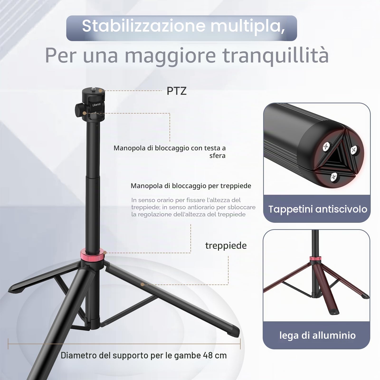 Treppiede estensibile in alluminio ULANZI MT-79, supporto leggero portatile da 204 cm con vite da 1/4 di pollice, regolazione dell'angolo di 180°, treppiede per fotocamera, luce video, smartphone