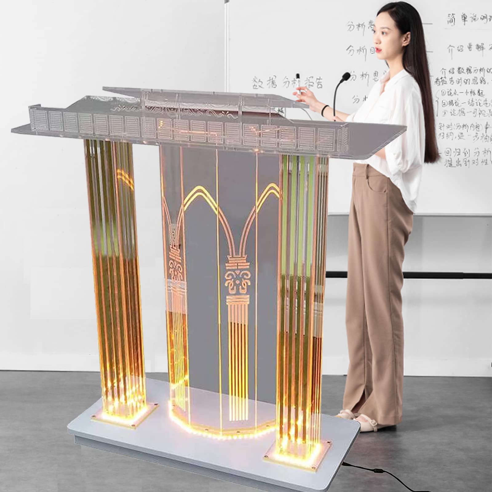 BTZHYLectern Podium Stand, Luxury Acrylic Podium With Casters, Led Light Broadband Reading Surface Transparent Podium For Opening Ceremony, Hotel Office Church Lectures