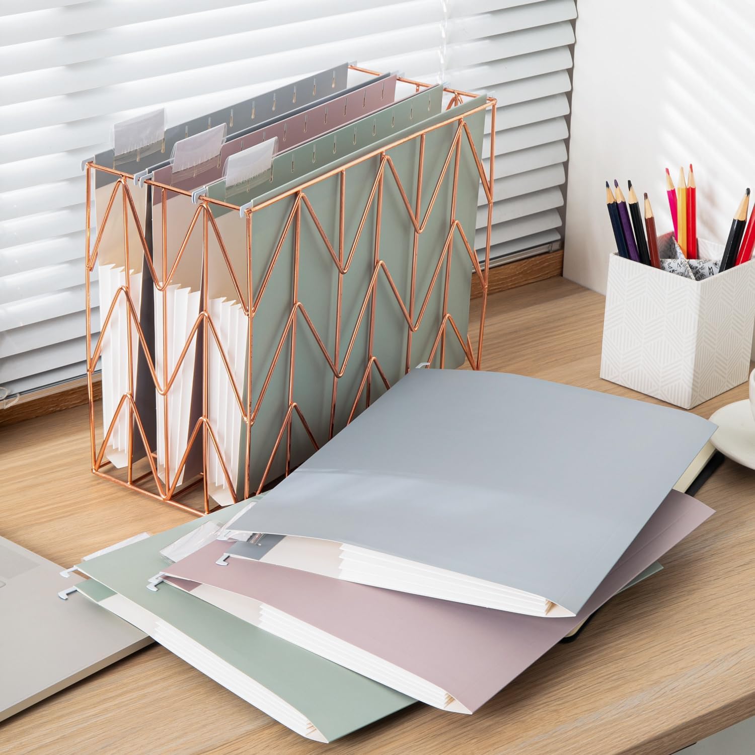 Y YOMA Letter Size - 24 Pack Extra Capacity Hanging File Folders Accordion Decorative Reinforced File Folder Cute Colored Expandable Folder for Office Home with 1/5-Cut Adjustable Tabs, Morandi Color