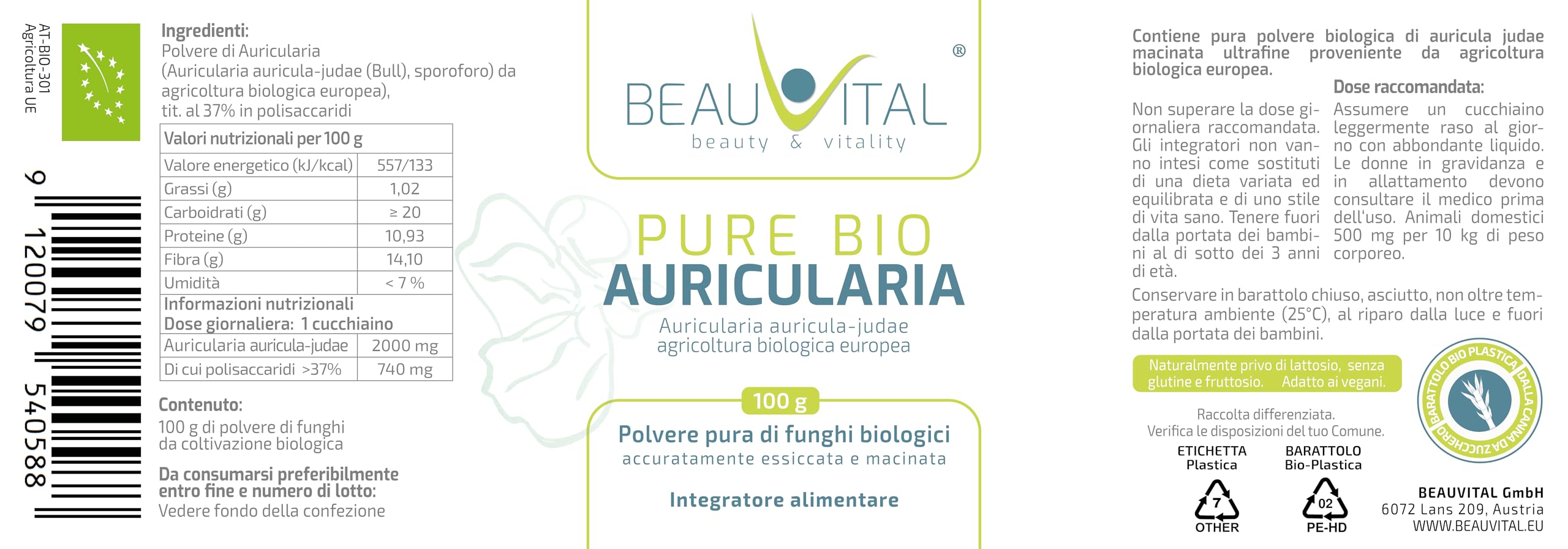 Pure Bio Auricularia Polvere 100 g Orecchio di Giuda da agricoltura biologica UE, vegano, senza additivi artificiali