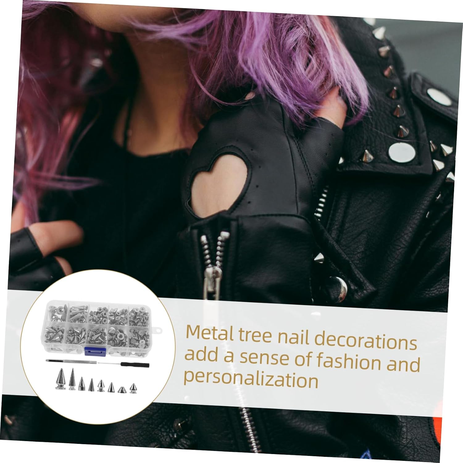 Cabilock Punk Studs Set 176 Pieces Alloy Spike Studs for Clothing Shoes Bags DIY Craft Decoration with 2 Tools 0.74 Inch Silver Conical Spikes