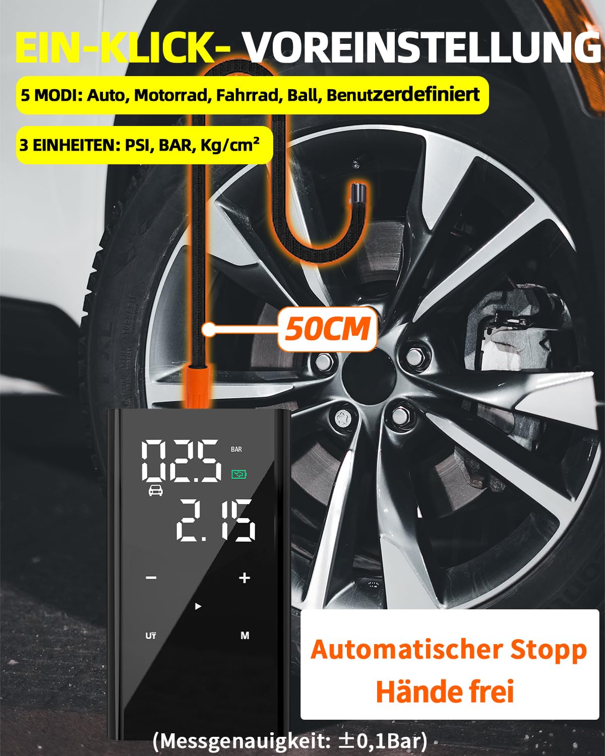 12000mAh Akku Luftpumpe Auto, 4X Schneller Mini Kompressor, 150PSI Fahrradpumpe Alle Ventile, Elektrische Luftpumpe Klein Mit Manometer/Lampe/Typ C, Für Motorrad/Fahrrad/Fußball