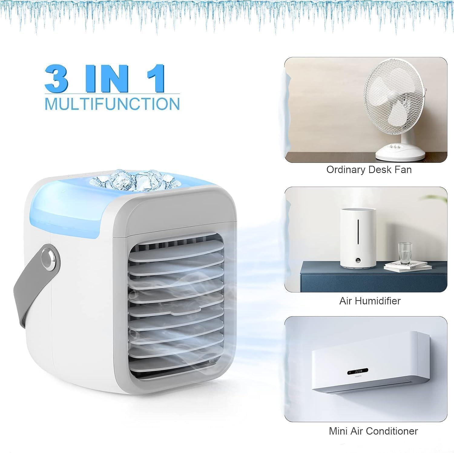 Aire acondicionado portátil, 4 en 1, mini enfriador de aire, enfriador de aire USB silencioso con depósito de agua, asa portátil, 7 luces LED, 3 velocidades