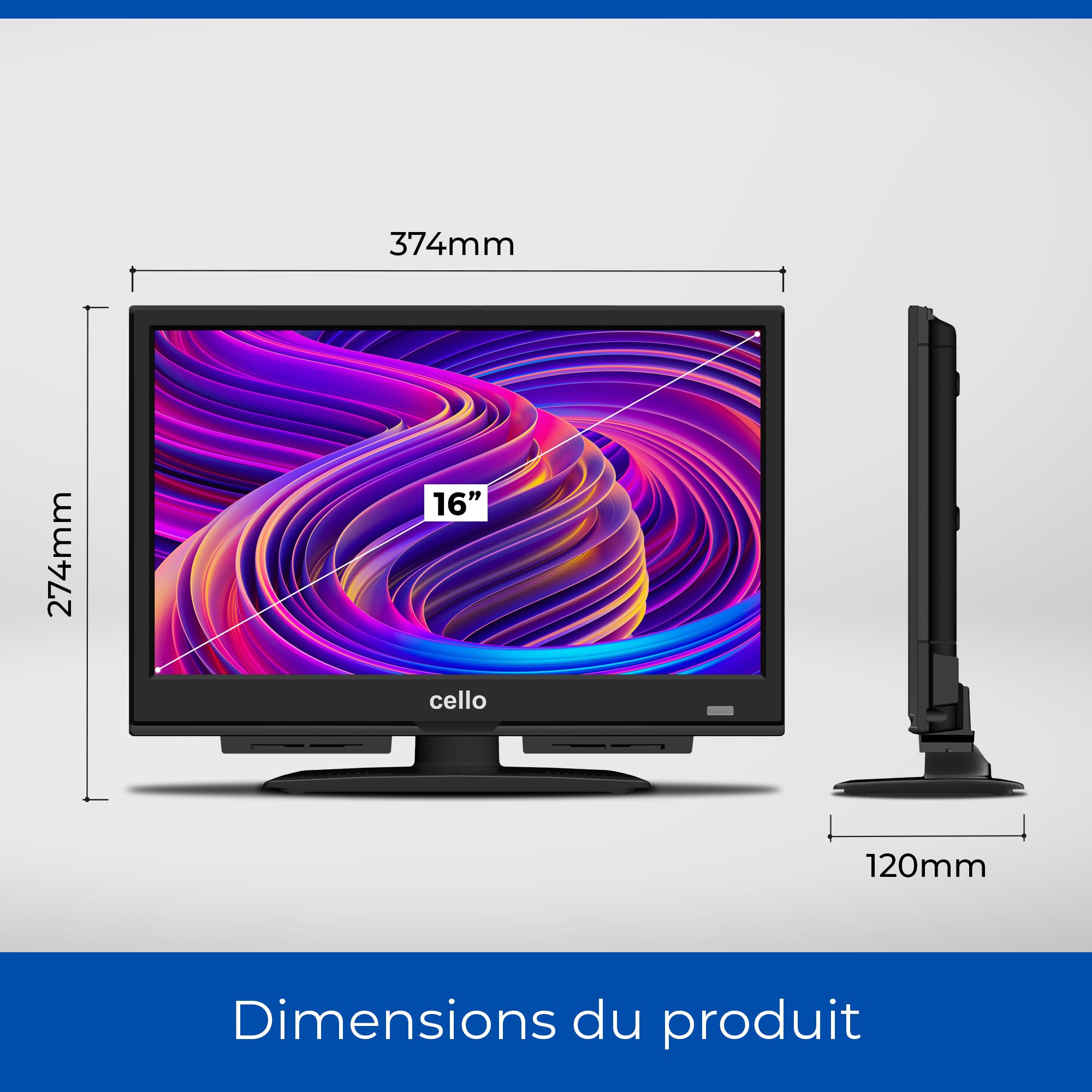 Cello Téléviseur Intelligent C1624WS 16" 12 V, WebOS, Bluetooth, Son Pitch Perfect, Prime Video, Apple TV, DAZN – Idéal pour Les Camping-Cars, Les camions et Les Bateaux, Petit écran 230 V