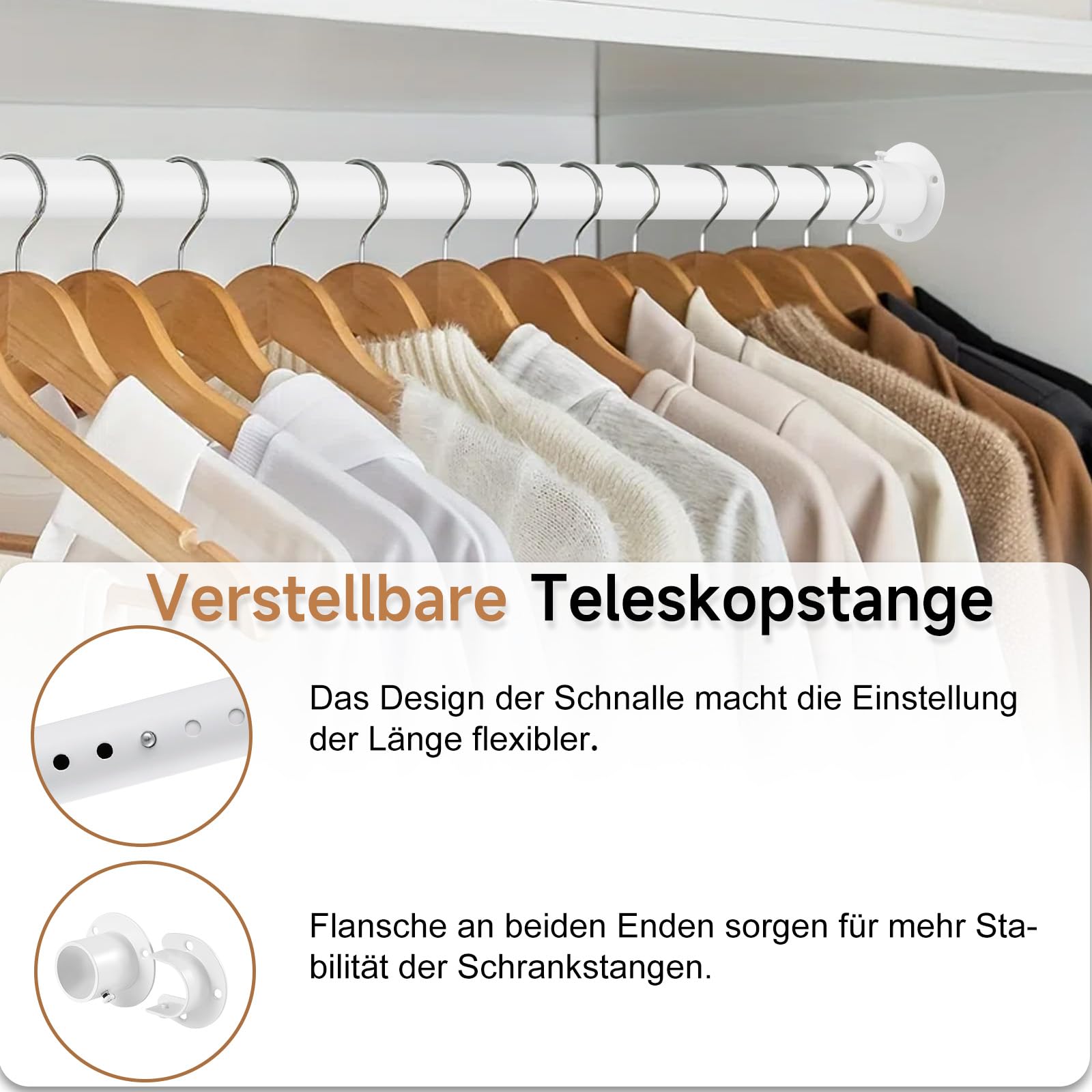 Garderobenstange Weiß 74-100 Cm – Zylindrisch, 32x28 Mm, Mit Rundem Fuß – Einstellbar, Stabil – Für Schrank, Waschküche, Raumteiler