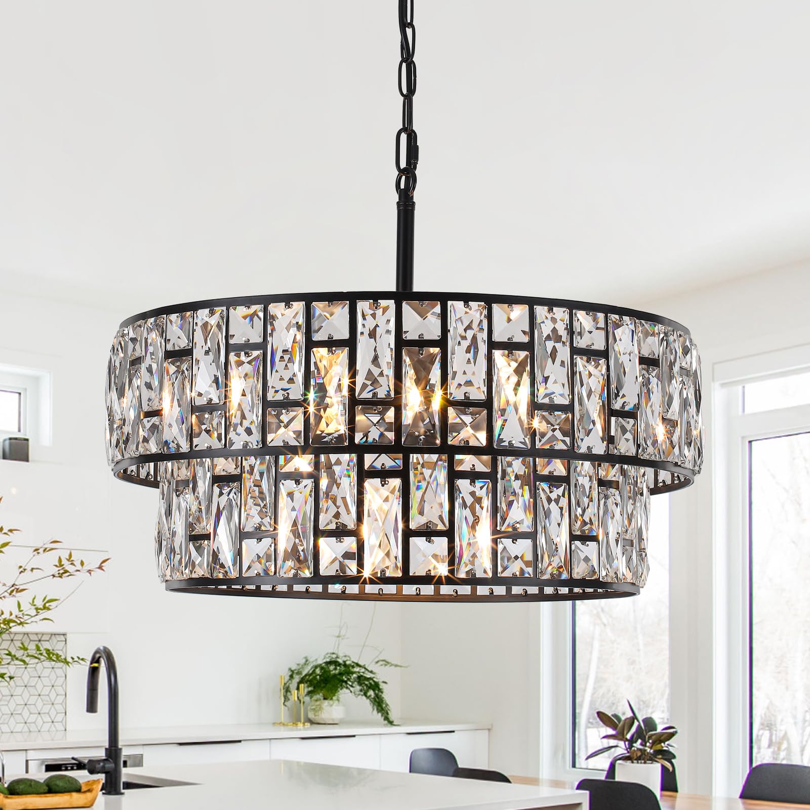 6-Light Black Two-Tier Round K9 Crystal Drum Chandelier, Adjustable Pendant Light Fitting with E14 Dimmable Holders, Industrial Vintage Semi-Flush Ceiling Lamp for Living Room Dining Room Bedroom — image 1