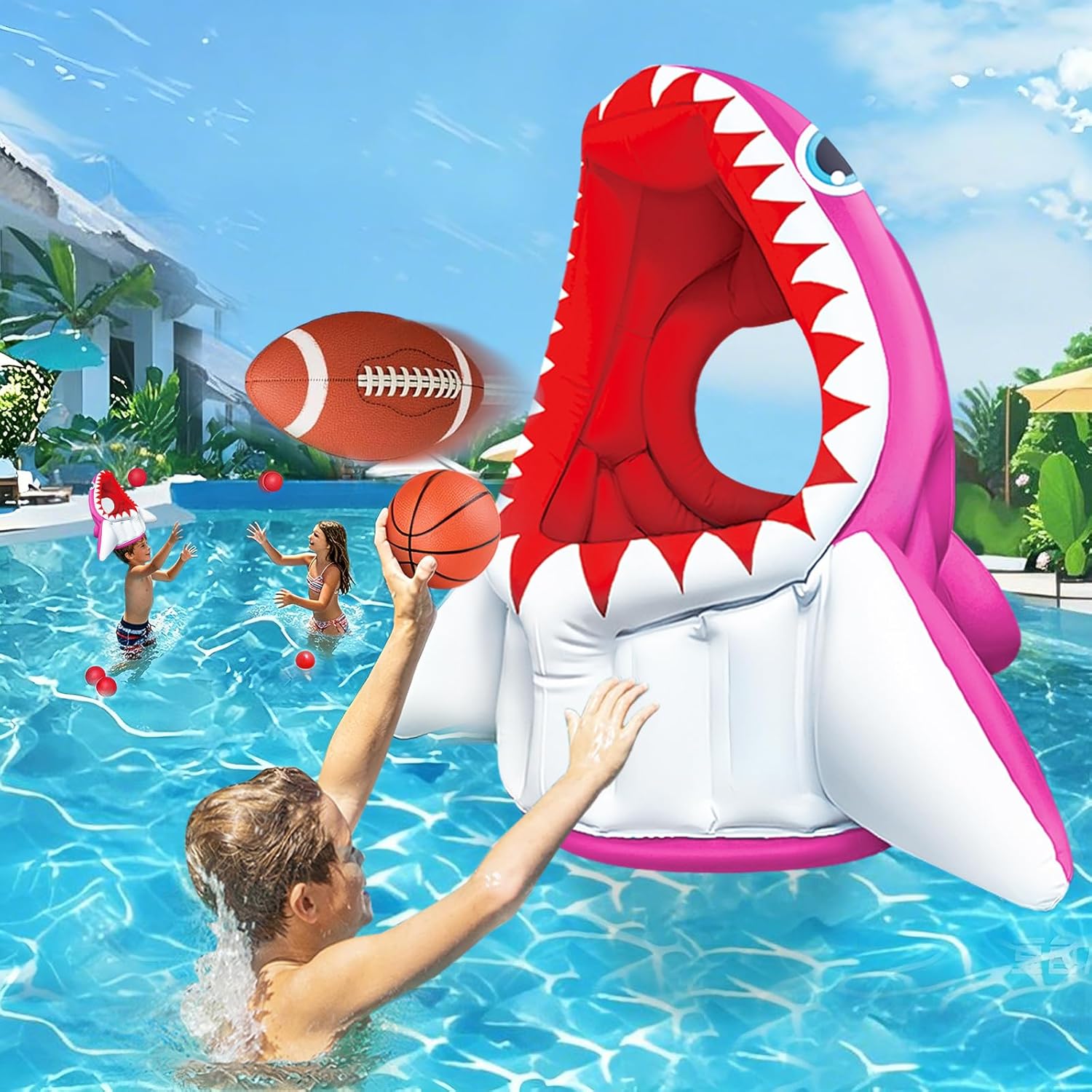 YongnKids Shark Pool Toy for Kids Ages 4-8, 3-in-1 Inflatable Pool Floats Games with Basketball Hoop & Football & Head Hoop Ball Toss Games -Outdoor Party Water Swimming Toys for Boy Girl Summer Gift