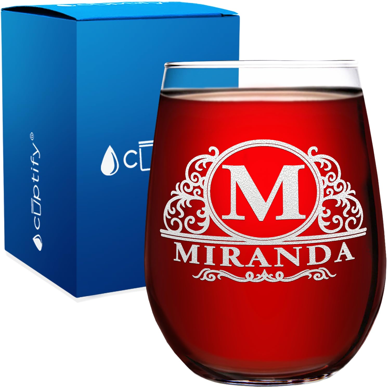 Personalized Wine Glass Elaborate Circle Monogram Initial and Name Engraved 17 oz Stemless Customized Red White Wine Glass Gift for Women