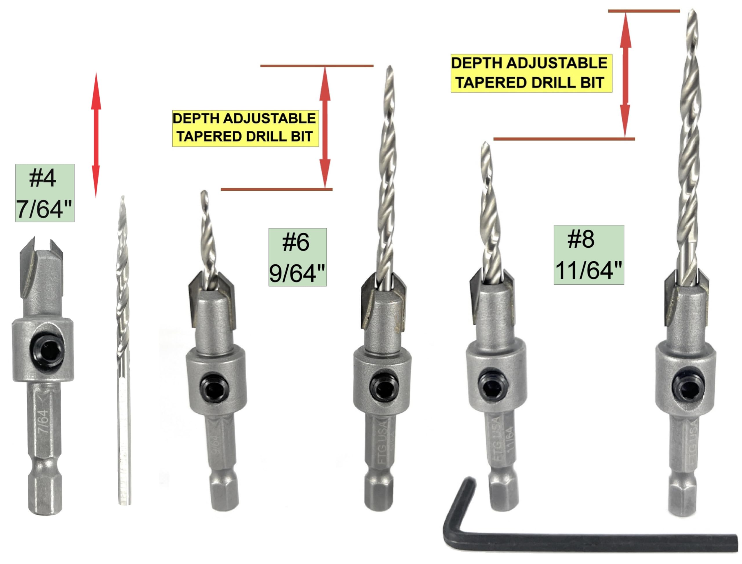 FTG USA Tapered Countersink Set - 3 Piece Wood Drill Bits -5