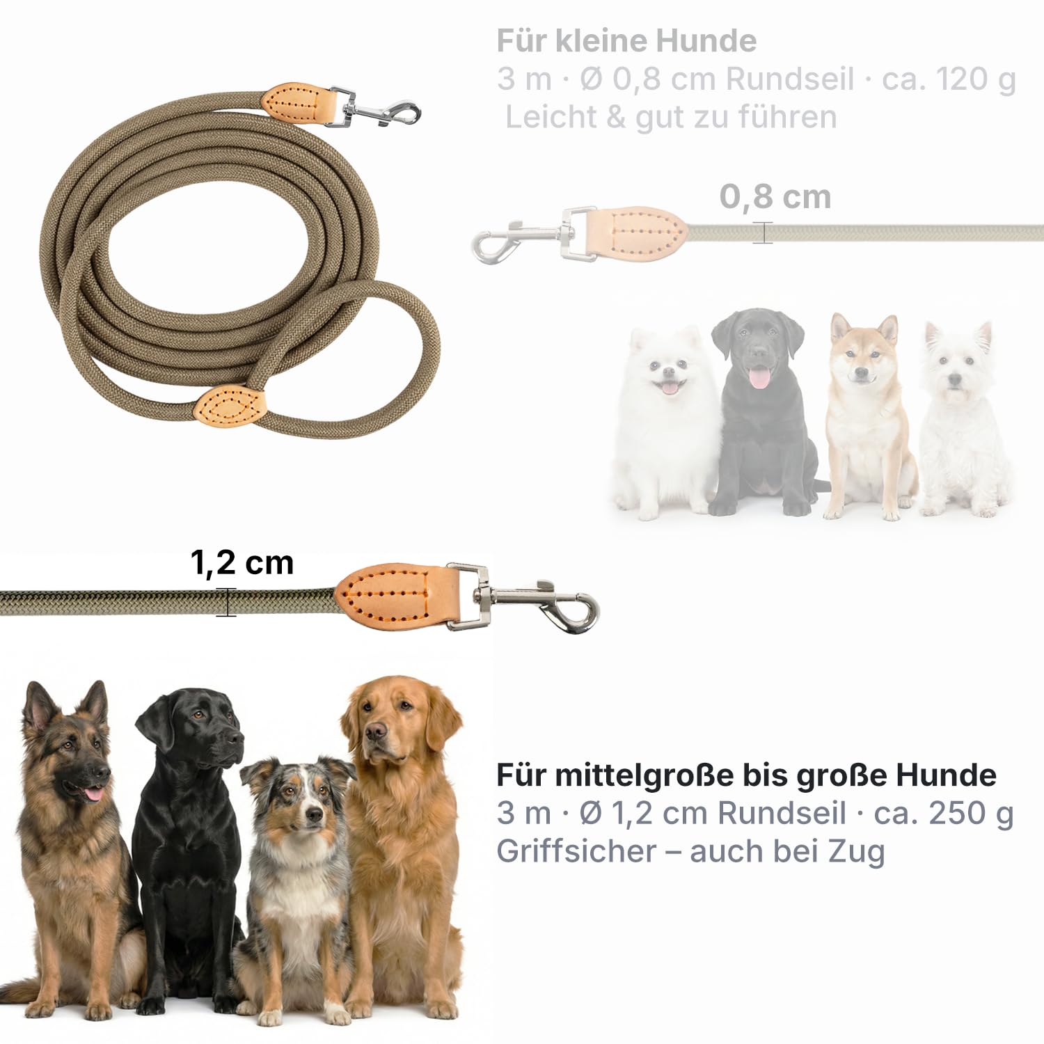 Laisse en corde pour chien - En nylon - Pour chiens de petite, moyenne et grande taille - Légère avec boucle - Pour petits chiens - Robuste - Kaki - 3 m x 1,2 cm