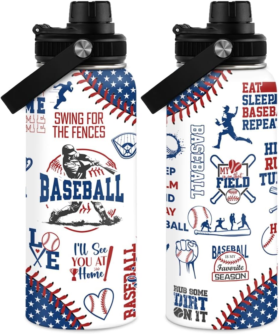 Baseball Water Bottle - 32oz Stainless Steel Insulated Sport Bottles with Lid - Gift for Men Baseball Lover Player Fan Coach