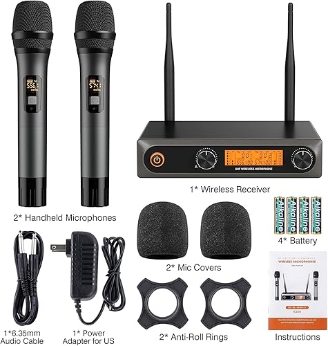 Miniatura 5 de Micrófonos inalámbricos, micrófono dinámico inalámbrico dual UHF profesional de metal, sistema de micrófono de mano para karaoke, hogar, reunión,