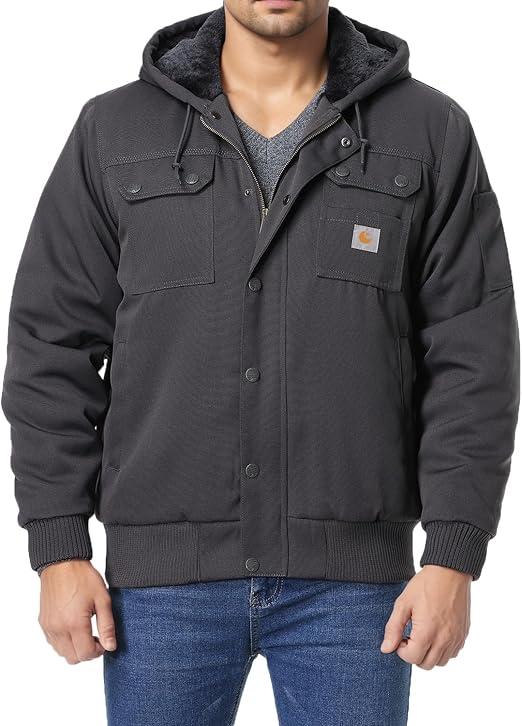 Men's Fit Relaxed Work Coat Fleece Lined Waterproof Workwear Winter Hooded Jacket with Multiple Pockets