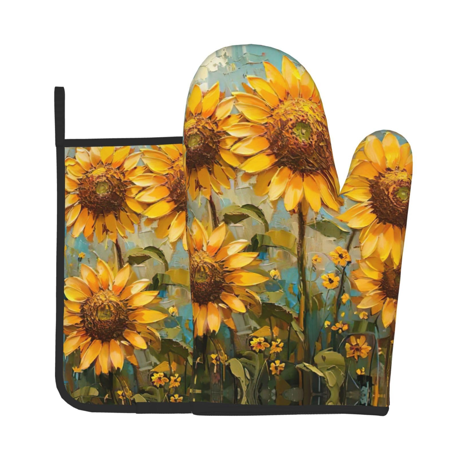 Yellow Sunflowers Kitchen Baking Two-Piece Set,Multipurpose Oven Gloves,Used for Barbecue Kitchen Baking
