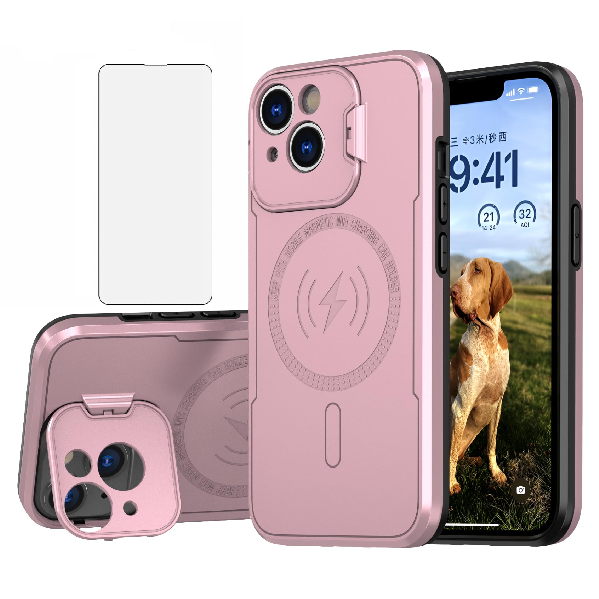 AsuwishPhone Case for iPhone 15 Plus 6.7 inch with Magsafe Tempered Glass Screen Protector and Stand Slim Cell Cover Built in Kick i-Phone 15+ iPhone15Plus 5G i i15 + iPhone15 15Plus Women Men Pink