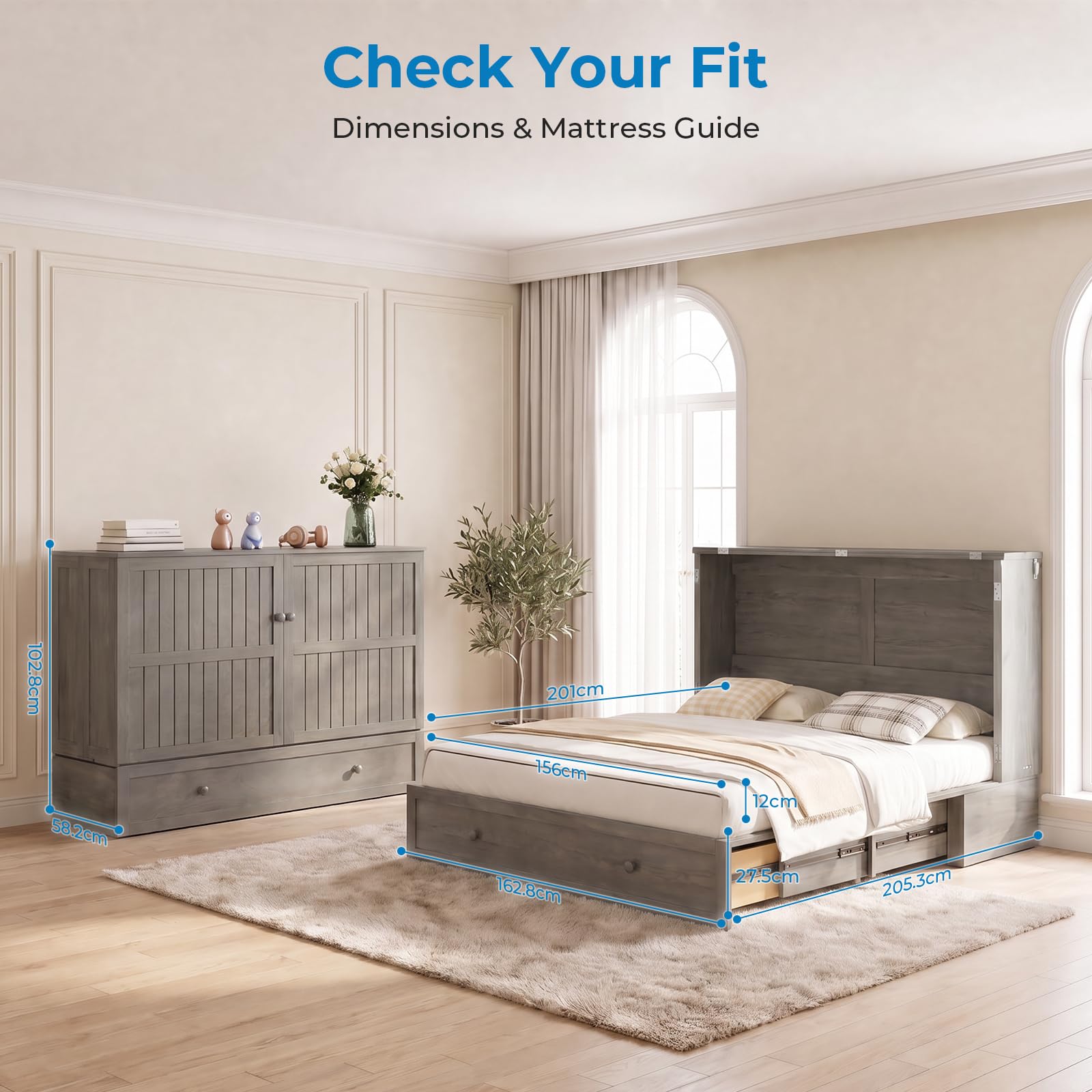 Mjkone 163 CM W Queen Size Murphy Bed with Tri-Folding Mattress, Grey